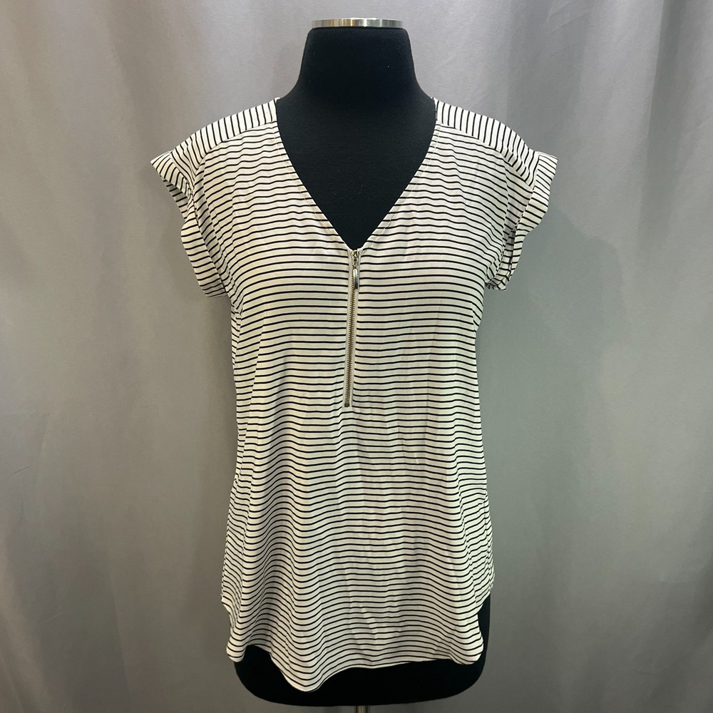 Express Half Zip Blouse Top Womens Small White Black Striped Lightweight V Neck
